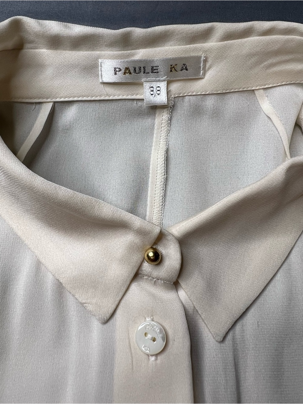 PAULE KA Paris 94% Silk Cream Blouse | Size 38 | Designer | Gold Collar Detail